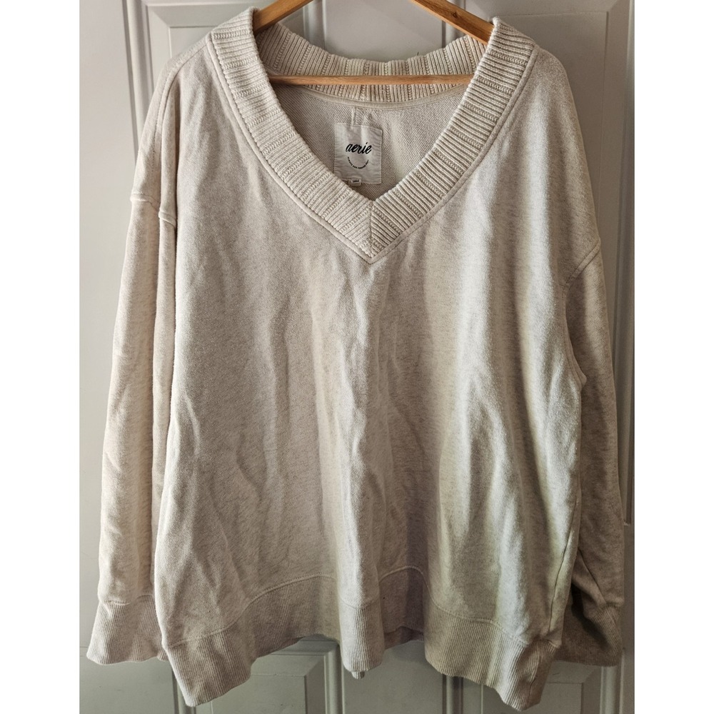 Aerie Oversized Sweatshirt Womens Large Beige V Neck Pullover Lounge Cozy Soft